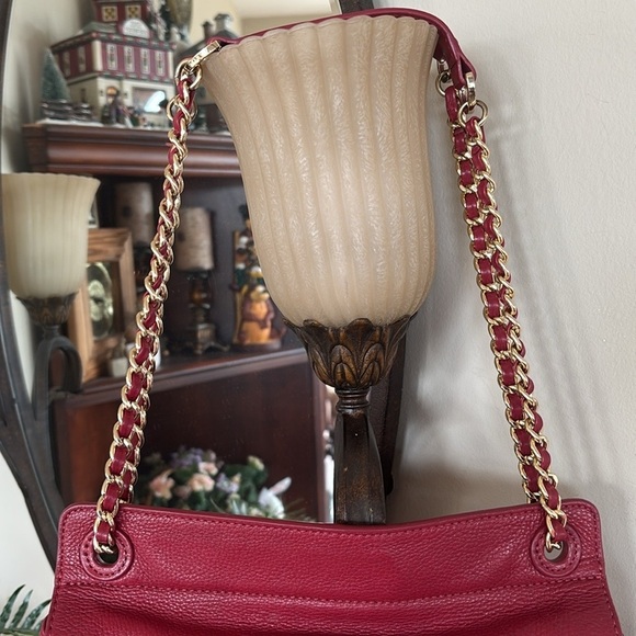 Tory Burch Genuine Leather Red Saddle Bag Gold Tone Chain Woven Shoulder Purse - Picture 3 of 16